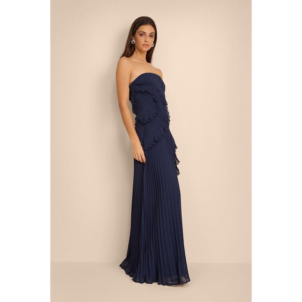 Lulus Brylee Navy Blue Pleated Ruffled Maxi Dress - Size S